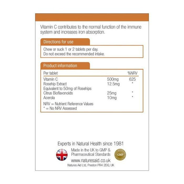 Natures Aid Vitamin C 500mg Chewable Sugar Free 100 Tablets Natures Aid Vitamin C 500mg Chewable Sugar Free 100 Tablets