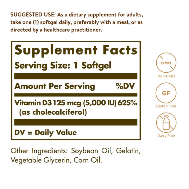 Solgar Vitamin D3 (Cholecalciferol) 125 MCG (5000 IU) 100 Softgels