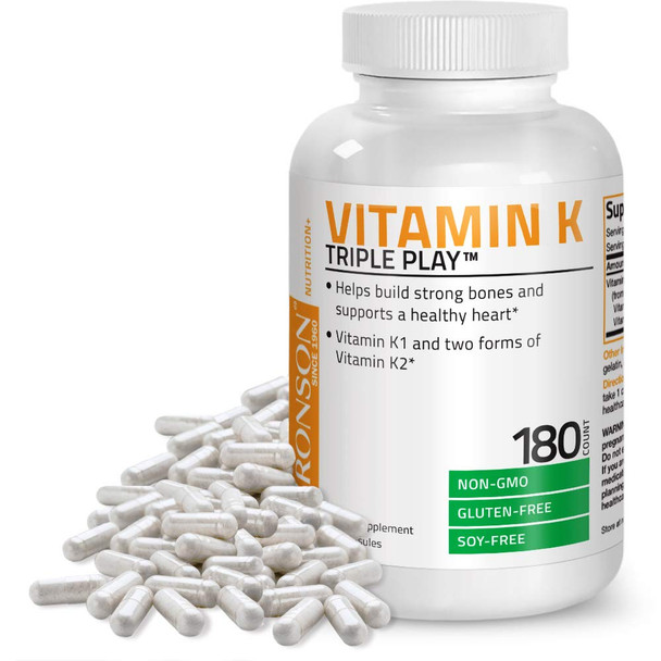 Vitamin K Triple Play (Vitamin K2 Mk7 / Vitamin K2 Mk4 / Vitamin K1) Full Spectrum Complex Vitamin K Supplement, 180 Capsules