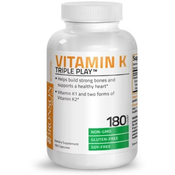 Vitamin K Triple Play (Vitamin K2 Mk7 / Vitamin K2 Mk4 / Vitamin K1) Full Spectrum Complex Vitamin K Supplement, 180 Capsules