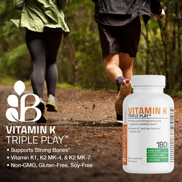 Vitamin K Triple Play (Vitamin K2 Mk7 / Vitamin K2 Mk4 / Vitamin K1) Full Spectrum Complex Vitamin K Supplement, 180 Capsules