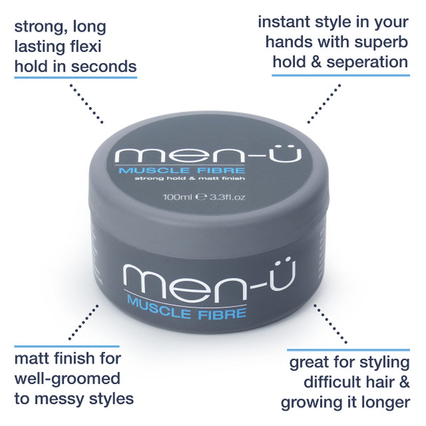 menu MUSCLE FIBRE  Mens hair products  Hair putty w/ Strong long lasting hold  matt finish. Instant style in your hands with a superb hold and separation. Mens Hair wax single walled puck 100ml.