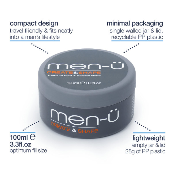 menu mens hair products CREATE AND SHAPE 100ml mens hair cream  Adds texture and definition smoothes and defrizzes. Hair putty with medium hold and medium shine. Single walled 100ml styling puck