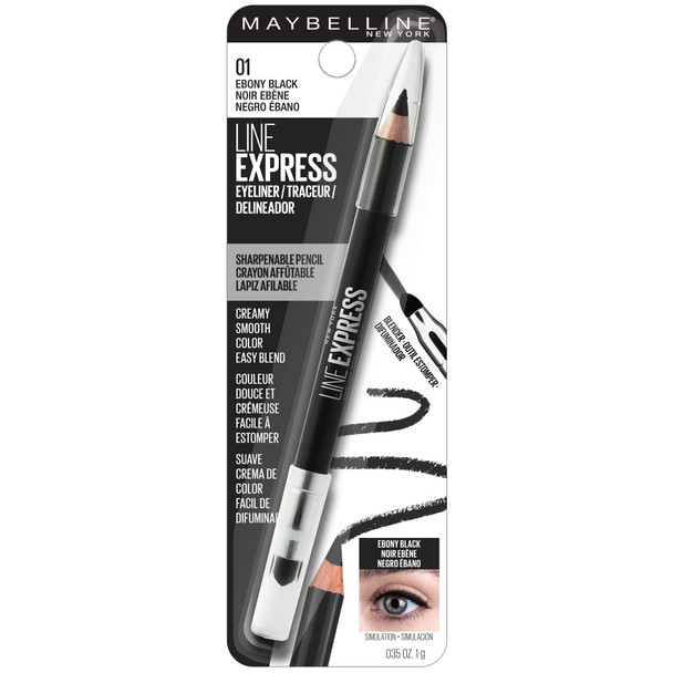 Maybelline New York Line Express Sharpenable Wood Pencil with BuiltIn Blending Smudger Tip Creamy Liner Eyeliner Eye Makeup Ebony Black 0.035 oz.