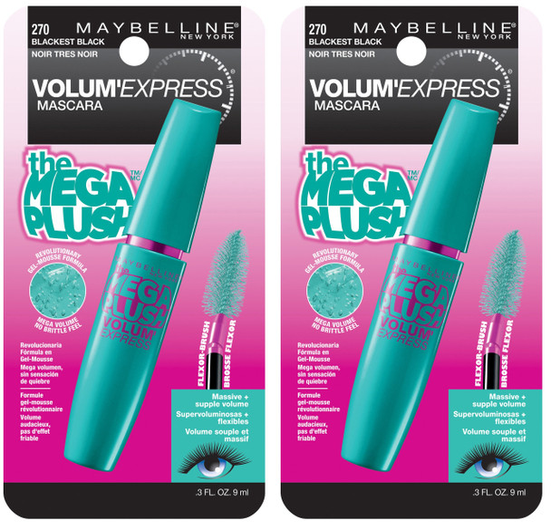 Maybelline New York Volum Express The Mega Plush Washable Mascara Makeup Blackest Black 2 Count Washable Blackest Black