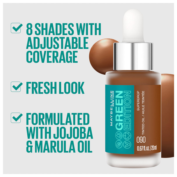 Maybelline New York Green Edition Superdrop Tinted Oil Makeup Adjustable Natural Coverage In 8 Shades Formulated With Jojoba and Marula Oil 40 0.67 fl oz