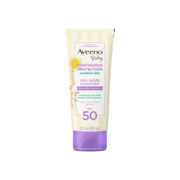 Aveeno Baby Continuous Protection Zinc Oxide Mineral Sunscreen Lotion for Sensitive Skin SPF 50,Water-Resistant, 7 oz