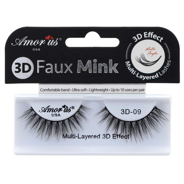 Amorus 3D Hand made Faux Mink Lashes 09 Black Nature fluffy light Reusable 3 pack