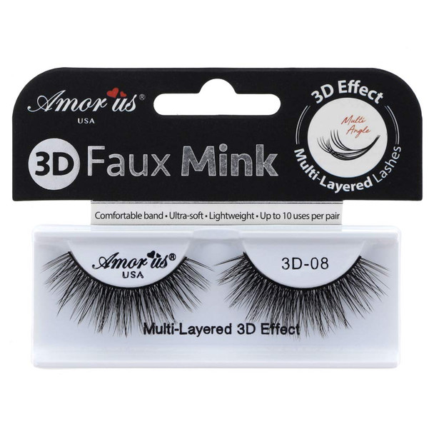 Amorus 3D Hand made Faux Mink Lashes 08 Black Nature fluffy light Reusable 3 pack