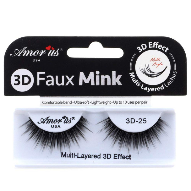 Amorus 3D Hand made Faux Mink Black Lashes 25 Nature fluffy light Reusable 6 PACK