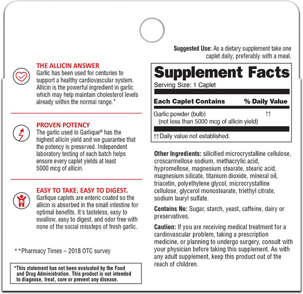 Garlique Healthy Cholesterol Formula with 5000 mcg of Allicin 30 Enteric Coated Caplets 3 Pack