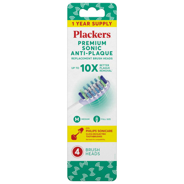 Plackers Premium Sonic AntiPlaque Replacement Brush Heads Fits Philips Sonicare ClickOn Electric Toothbrushes 1 Year Supply Blue 4 Count