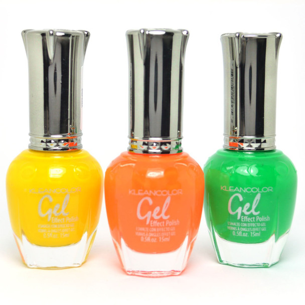 Kleancolor 3 Gel Effect Nail Polish Neon Yellow Orange Green No LED or UV Needed K3GEL04  Free ZipBag