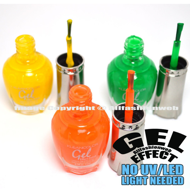 Kleancolor 3 Gel Effect Nail Polish Neon Yellow Orange Green No LED or UV Needed K3GEL04  Free ZipBag