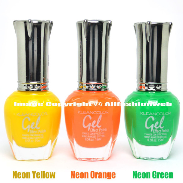 Kleancolor 3 Gel Effect Nail Polish Neon Yellow Orange Green No LED or UV Needed K3GEL04  Free ZipBag