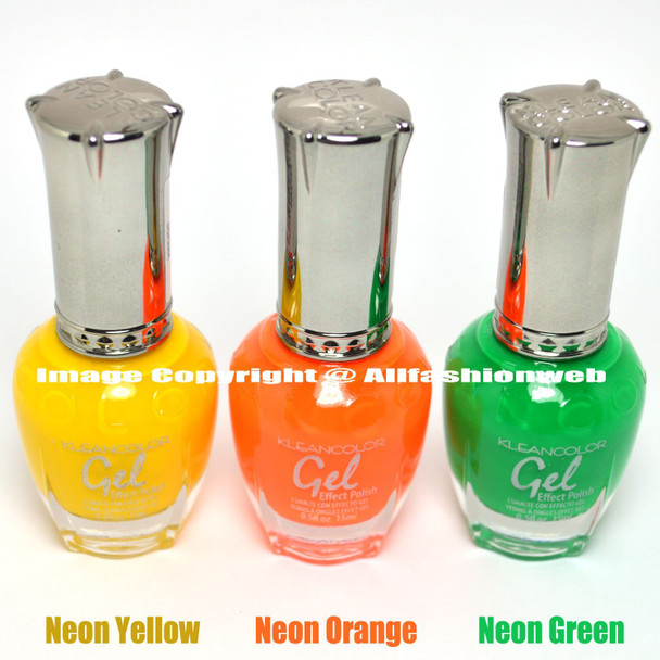 Kleancolor 3 Gel Effect Nail Polish Neon Yellow Orange Green No LED or UV Needed K3GEL04  Free ZipBag