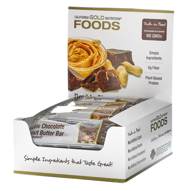 California Gold Nutrition Foods, Double Chocolate Peanut Butter Flavor Bars, 12 Bars, 1.4 oz (40 g) Each