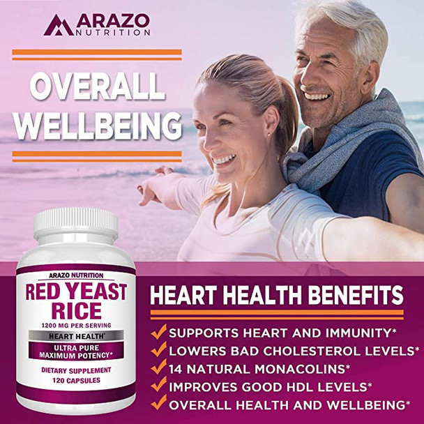 Red Yeast Rice Extract 1200mg – Citrinin Free Supplement – Vegetarian 120 Capsules - Arazo Nutrition