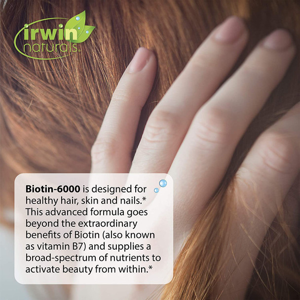 Irwin Naturals Biotin-6000 Supports Healthy Skin, Hair & Nails - Strength + Protection With High Potency 6000 Mcg, Bamboo, Avocado, Coconut & More - Maximum Absorption - 60 Liquid Softgels