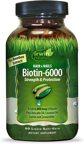 Irwin Naturals Biotin-6000 Supports Healthy Skin, Hair & Nails - Strength + Protection With High Potency 6000 Mcg, Bamboo, Avocado, Coconut & More - Maximum Absorption - 60 Liquid Softgels