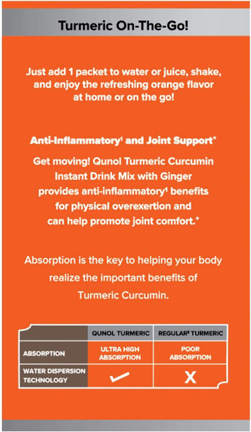 Qunol Turmeric Curcumin Turmeric Powder Instant Drink Mix Packets Orange Ultra Absorption 500mg Turmeric 50mg Ginger Supports Healthy Inflammation Response Joint Health Supplement 15 packets