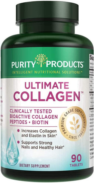 Ultimate Collagen Formula from Purity Products  Clinically Tested Type 1 Bioactive Collagen Peptides  5000 mcg Biotin  BCP Skin and Nails Optimization Matrix  90 Tablets