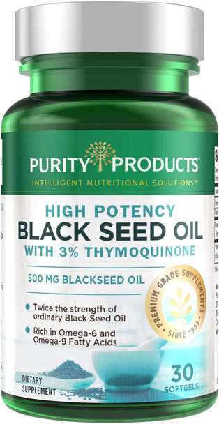 High Potency Black Seed Oil  Double Strength  Cold Pressed  3 Thymoquinone  500 mg Black Cumin Seed Oil  Omega 6  9 Essential Fatty Acids  Easy to Swallow Just One Per Day  30 Mini Softgels