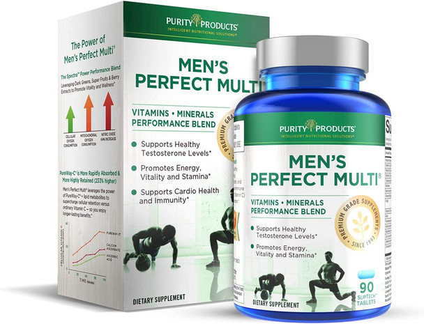 Mens Perfect Multi from Purity Products  Vitamins Minerals and Phytonutrients  Supports Healthy Testosterone Levels and Promotes Energy Vitality and Stamina  Easy to Swallow  90 Tablets