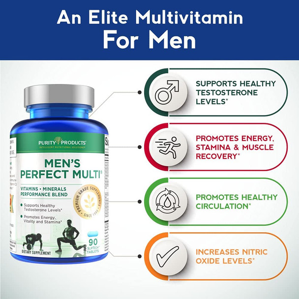 Mens Perfect Multi from Purity Products  Vitamins Minerals and Phytonutrients  Supports Healthy Testosterone Levels and Promotes Energy Vitality and Stamina  Easy to Swallow  90 Tablets