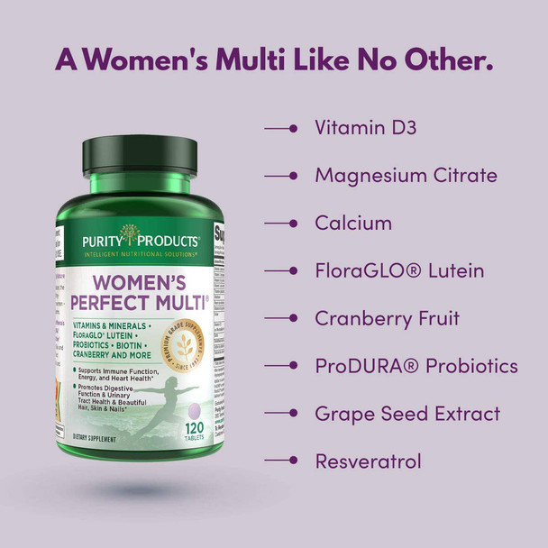 Womens Perfect Multi by Purity Products  Balanced Multivitamin  Supports Urinary Tract Health Immune Bone  Muscle Hair Skin Nails an Elite Probiotic for Digestive Health  More  120 Tablets