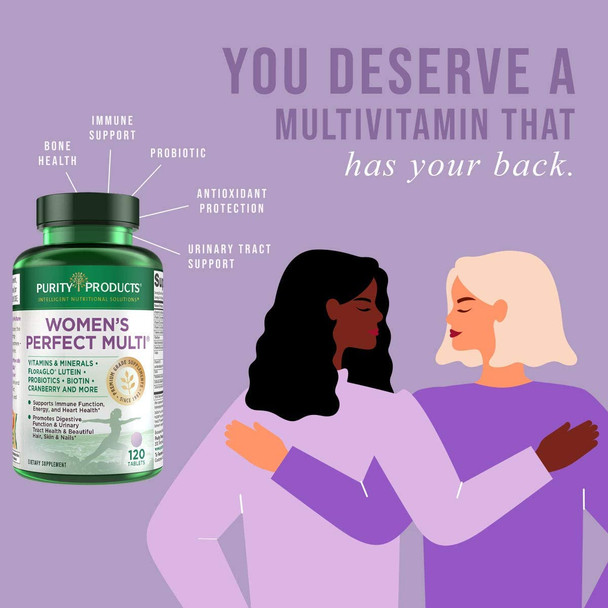 Womens Perfect Multi by Purity Products  Balanced Multivitamin  Supports Urinary Tract Health Immune Bone  Muscle Hair Skin Nails an Elite Probiotic for Digestive Health  More  120 Tablets