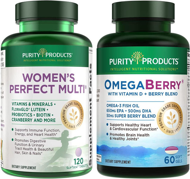 Womens Perfect Multi  OmegaBerry Fish Oil by Purity Products  Womens Multi Supports Urinary Tract Health Immune Bone Hair Skin Nails  More  OmegaBerry 1250mg Omega3 Vitamin D3  More