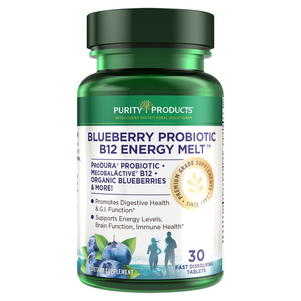 Blueberry Probiotic B12 Energy Melt by Purity Products  ProDura Clinical Probiotic  Organic Blueberries Methylcobalamin B12  30 Melts