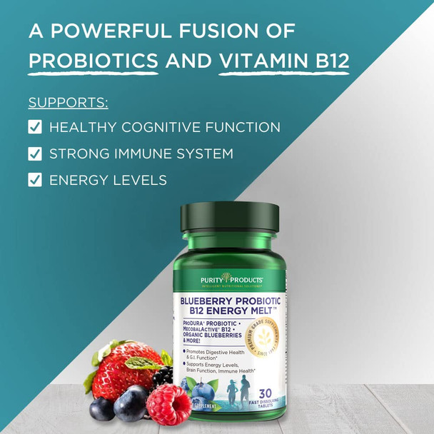 Blueberry Probiotic B12 Energy Melt by Purity Products  ProDura Clinical Probiotic  Organic Blueberries Methylcobalamin B12  30 Melts