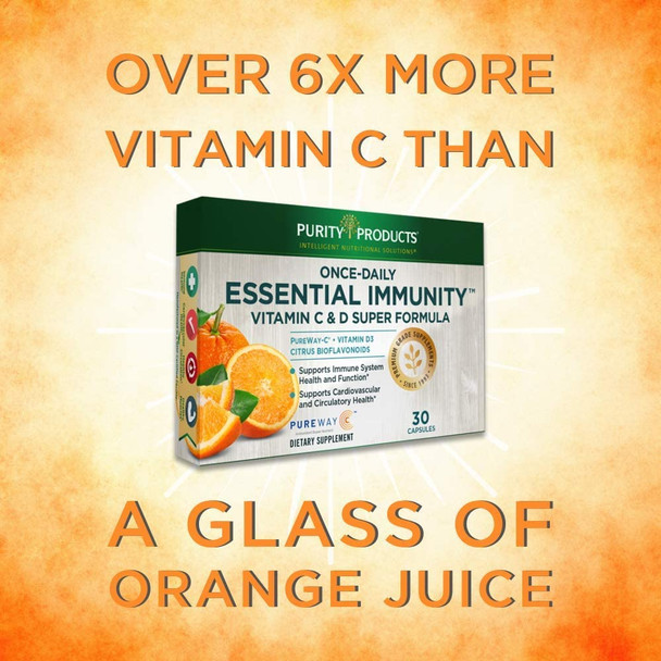 Essential Immunity  Once Daily Vitamin C  D Super Formula by Purity Products  500 mg PureWayC  1000 IU Vitamin D3  Citrus Bioflavonoids Rose Hips Extract Rutin  More  30 Caps Box