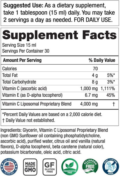 Zorbz Liposomal Vitamin C  Purity Products  1000 mg OrangeSherbet Flavored Creamy Liquid VitaminC  Fermented Made Without GMO  Stomach Friendly Premium Absorption  Immune Health  16 fl. oz.