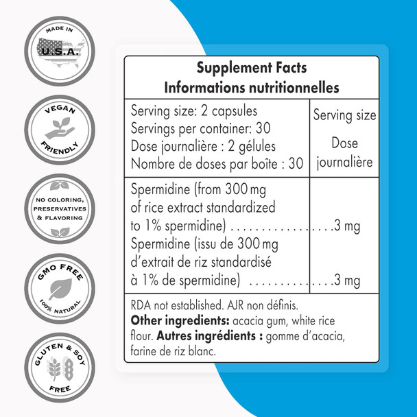 Supersmart  Spermidine 300 mg Per Day  Anti Aging Supplement Promotes Autophagy  100 Vegan Friendly  AdditiveFree NonGMO  Gluten Free  60 Vegetarian Capsules