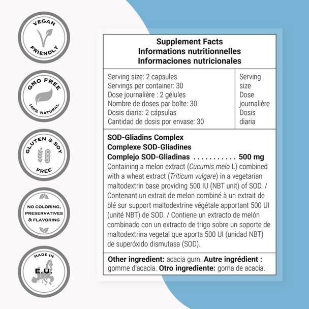 Supersmart  SODGliadins Complex 500 mg Per Day  Melon Extract  Powerful Antioxidant Supplement  Immune System Booster  Help Protect Tissues  Cells  NonGMO  60 Vegetarian Capsules
