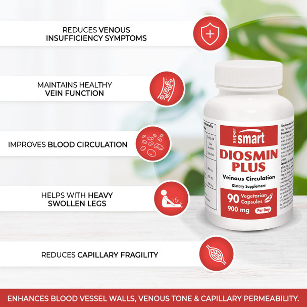 Supersmart  Diosmin Plus 900 mg Per Day  Flavonoid Complex  90 Total Flavonoids  80 Diosmin  Circulation  Vein Support Supplement  NonGMO  Gluten Free  90 Vegetarian Capsules