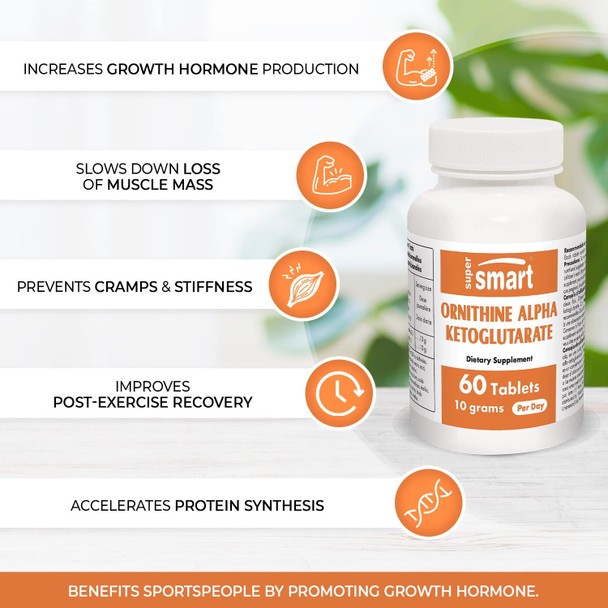 Supersmart  Ornithine Alpha Ketoglutarate OKG 10 g Per Day  Amino Acids  May Improve Muscle Mass  NonGMO  60 Tablets