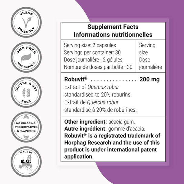 Supersmart  Robuvit 200 mg Per Day  French Oak Wood Extract for Stress  Emotional Wellness  Antioxidant Supplement  Helps Fight Fatigue  NonGMO  Gluten Free  60 Vegetarian Capsules