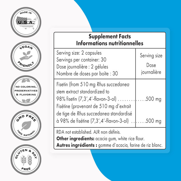 Supersmart  Fisetin 500 mg Per Day  Rhus Succedanea Extract  Powerful  100 Natural Senolytic Supplement  NonGMO  Gluten Free  60 Vegetarian Capsules