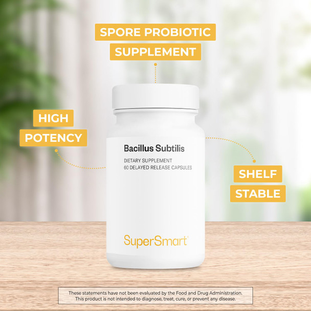 Supersmart  Bacillus Subtilis 3 Billion CFU Per Day  Probiotic Strain  Improve Natural Defences  Help with External Attacks  NonGMO  Gluten Free  60 DR Capsules
