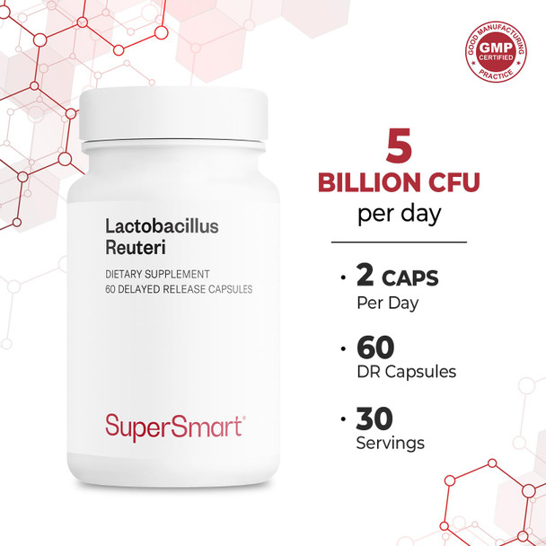 Supersmart  Lactobacillus Reuteri  Probiotic Strain  5 Billion MicroOrganisms CFU Per Day  Restores The Balance of Intestinal Microflora  NonGMO  Gluten Free  60 DR Capsules