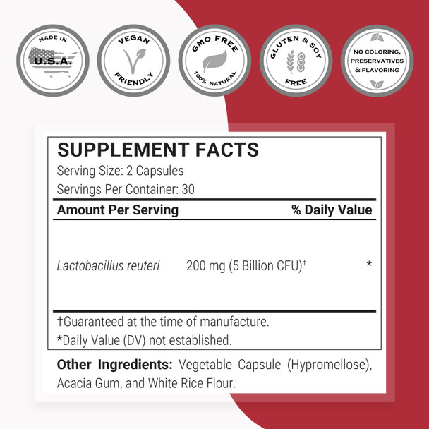 Supersmart  Lactobacillus Reuteri  Probiotic Strain  5 Billion MicroOrganisms CFU Per Day  Restores The Balance of Intestinal Microflora  NonGMO  Gluten Free  60 DR Capsules