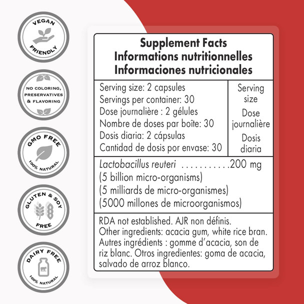 Supersmart  Lactobacillus Reuteri  Probiotic Strain  5 Billion MicroOrganisms CFU Per Day  Restores The Balance of Intestinal Microflora  NonGMO  Gluten Free  60 DR Capsules