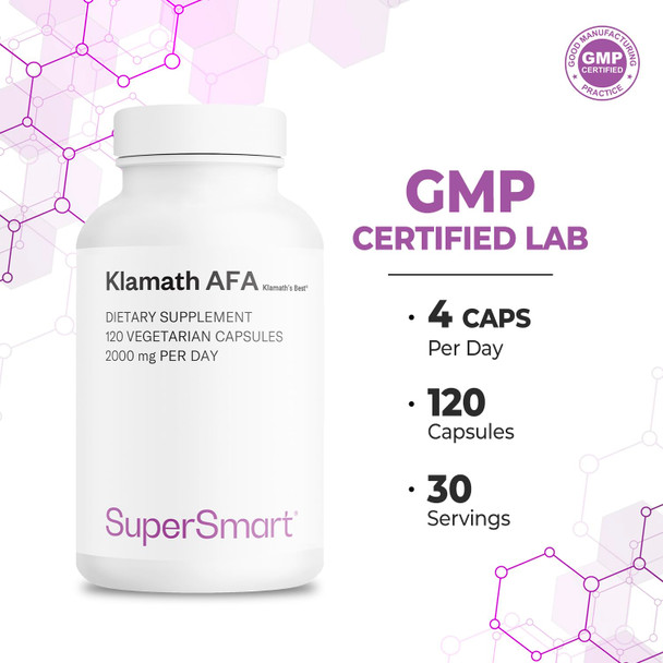 Supersmart  AFA Extract 1000 mg Per Day Aphanizomenon FlosAquae  BlueGreen Algae Supplement  Emotional Wellbeing  Boost Concentration  NonGMO  Gluten Free  120 Vegetarian Capsules