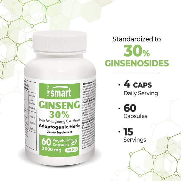 Supersmart  Ginseng Standardized to 30 Ginsenosides 2000 mg Per Day  Supports  Boost Immune System  NonGMO  Gluten Free  60 Vegetarian Capsules