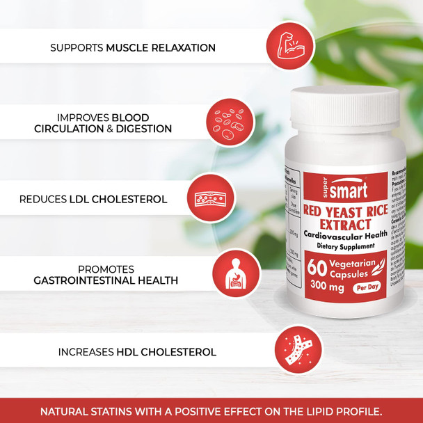 Supersmart  Red Yeast Rice Extract 300 mg Per Day  Natural Source of Statin  NonGMO  Gluten Free  60 Vegetarian Capsules