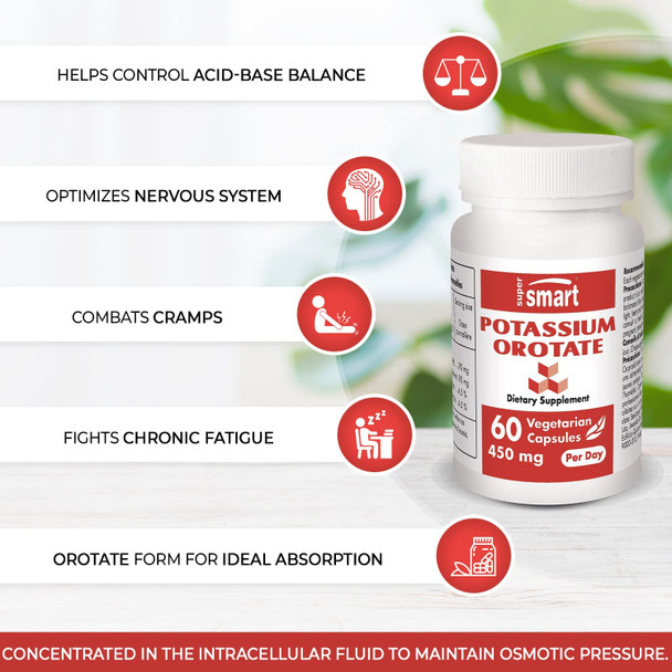 Supersmart  Potassium Orotate 450 mg Per Day  Helps Maintain Body AcidBase Balance  Supports Nerve Transmission  Healthy Cardiovascular System  NonGMO  Gluten Free  60 Vegetarian Capsules